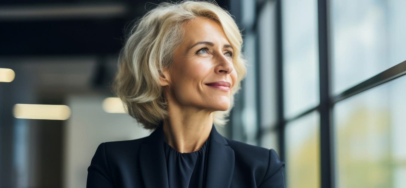 Piękna dojrzała kobieta w czarnym garniturze patrzy w okno i się uśmiecha - pierwsze objawy menopauzy