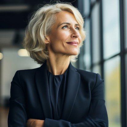 Piękna dojrzała kobieta w czarnym garniturze patrzy w okno i się uśmiecha - pierwsze objawy menopauzy