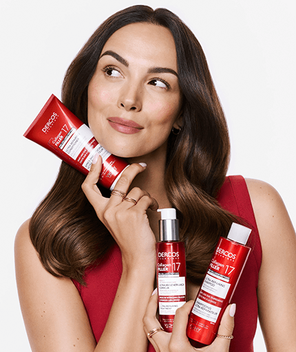 Paulina Krupińska prezentująca rutynę Vichy Dercos Collagen Filler 17